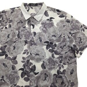 SSLR Grayscale Floral Print Button‎ Up Short Sleeve Shirt Gray Mens XL